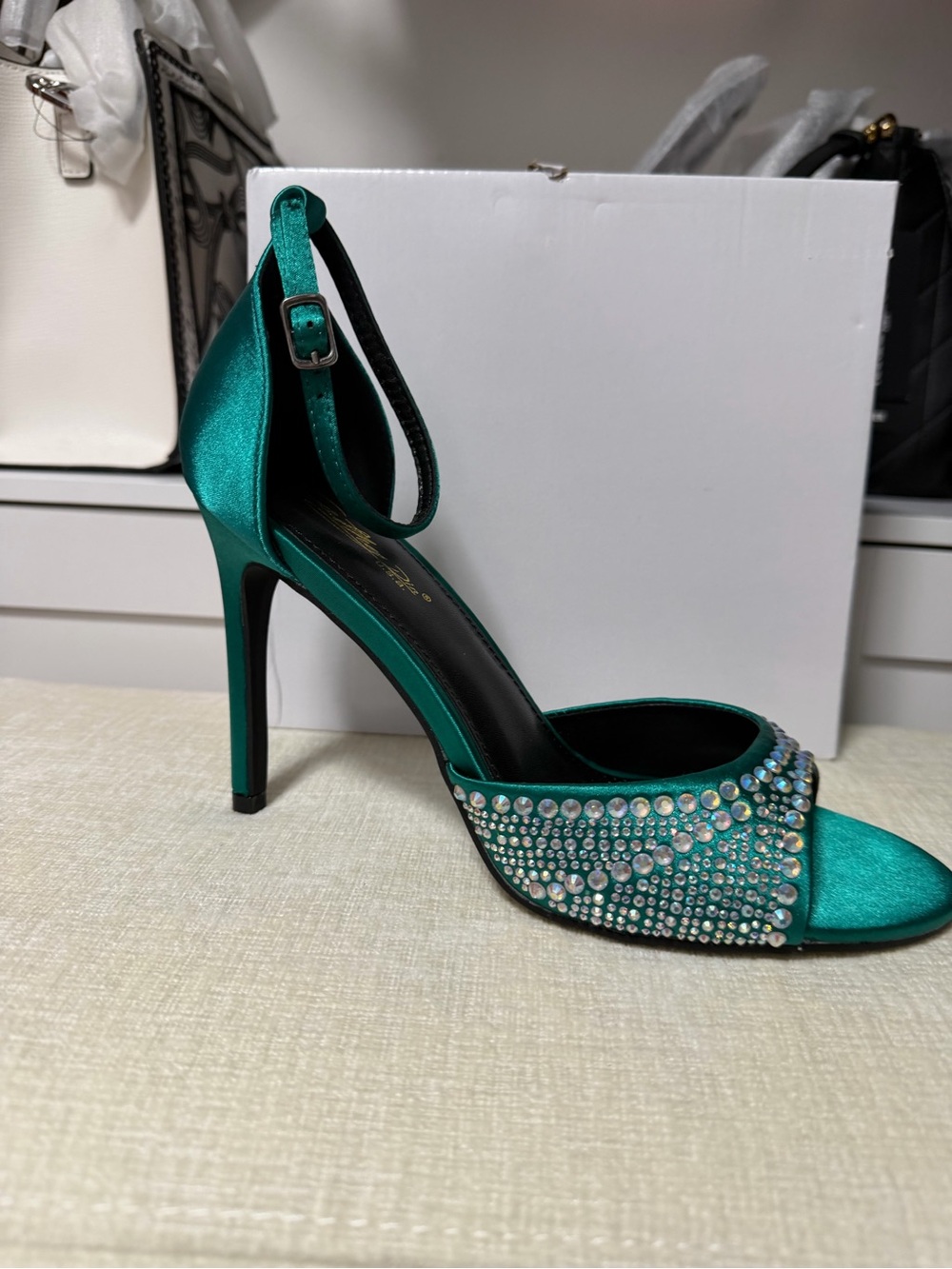 Emerald Green Crystal Embellished Ankle-Strap High Heel Sandals